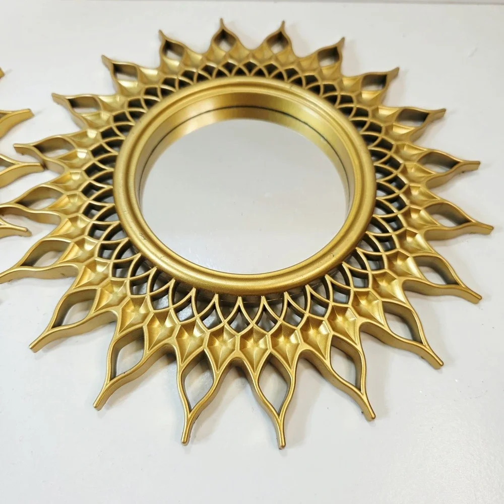 2 pc Decorative Wall Mirror Set Sunflower Starburst 10 Inch Plastic Gold Tone